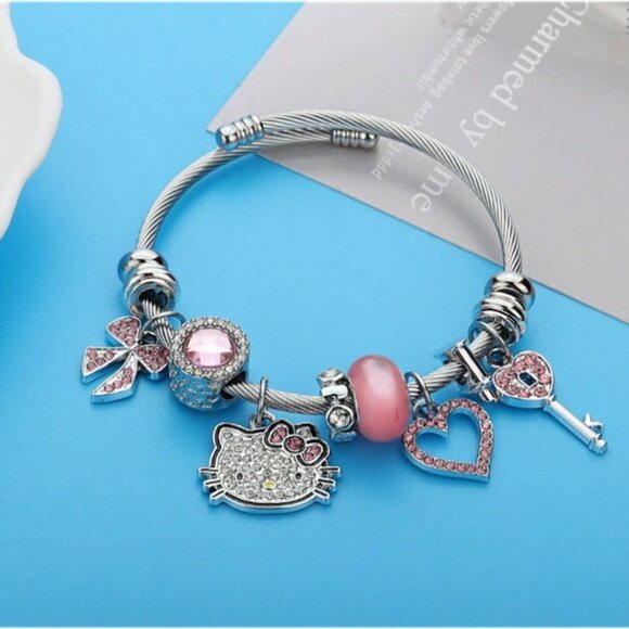 SANRIO Hello Kitty Silver & Pink Rhinestone Charm Bracelet BRAND-NEW & SO CUTE! - Picture 4 of 4